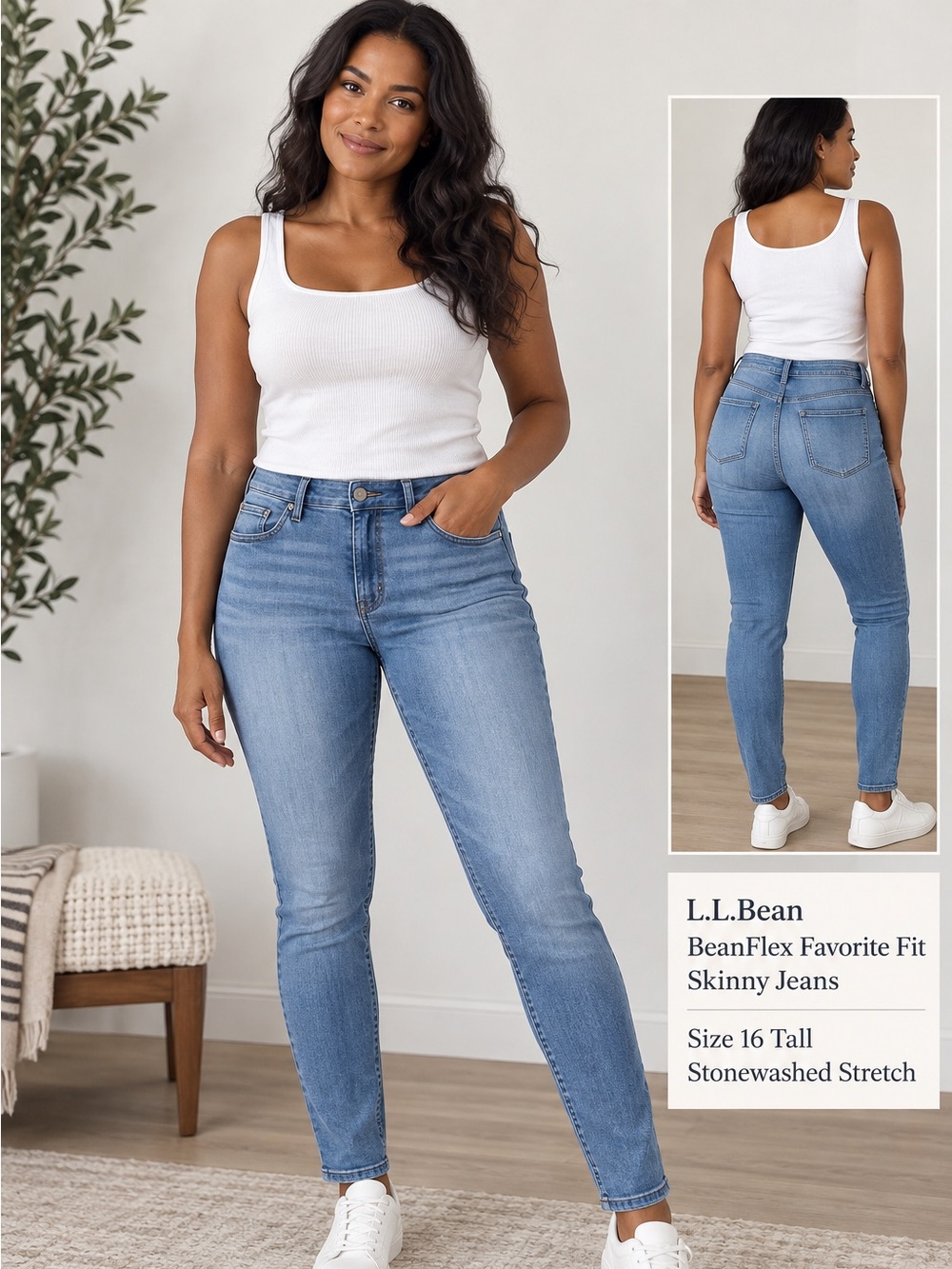 L.L.Bean BeanFlex Favorite Fit Skinny Jeans 16 Tall Stonewashed Stretch